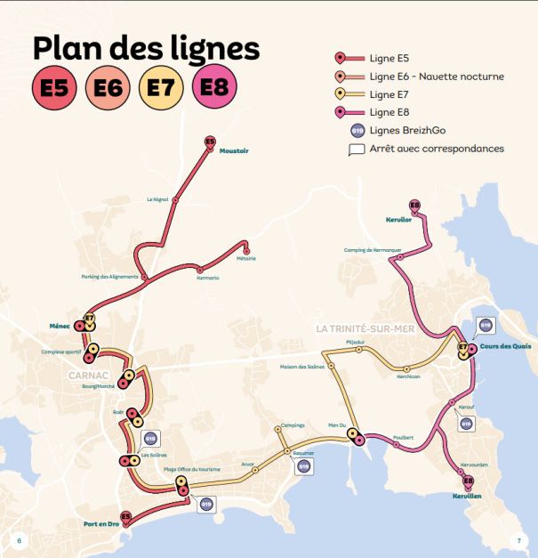 Map of the Glazgo summer shuttle lines between Carnac and La Trinite-sur-Mer, with the Kervillen stop in front of Camping de la Baie
